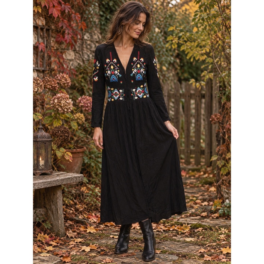 ASOS Black Floral Embroidered Midi Dress US 4 Folk Boho Long Sleeve